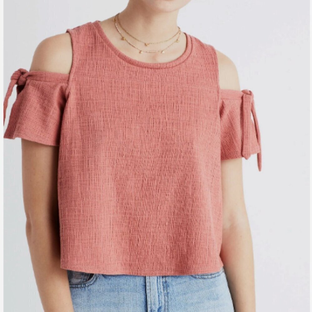 Madewell Women's Sz XS Skylark Cold-Shoulder Top Pink Flutter Sleeve Tie Stretch